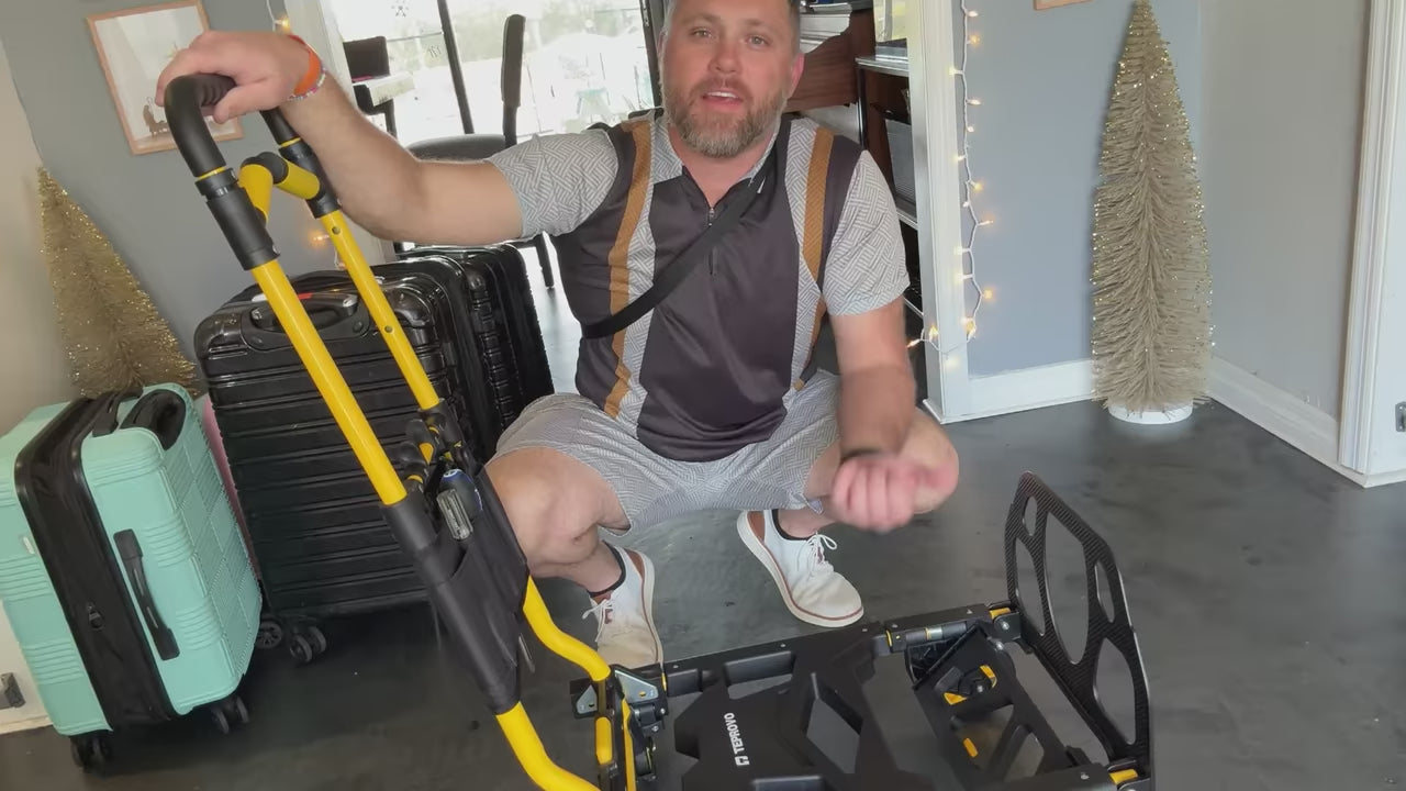 Real customer demonstrating the Teprovo 330LB folding hand truck dolly carrying multiple boxes and showing its convertible 4-wheel and 2-wheel modes
