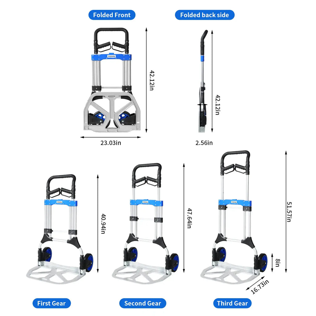 Size markers showing compact 2.56＂ folded profile of collapsible hand truck