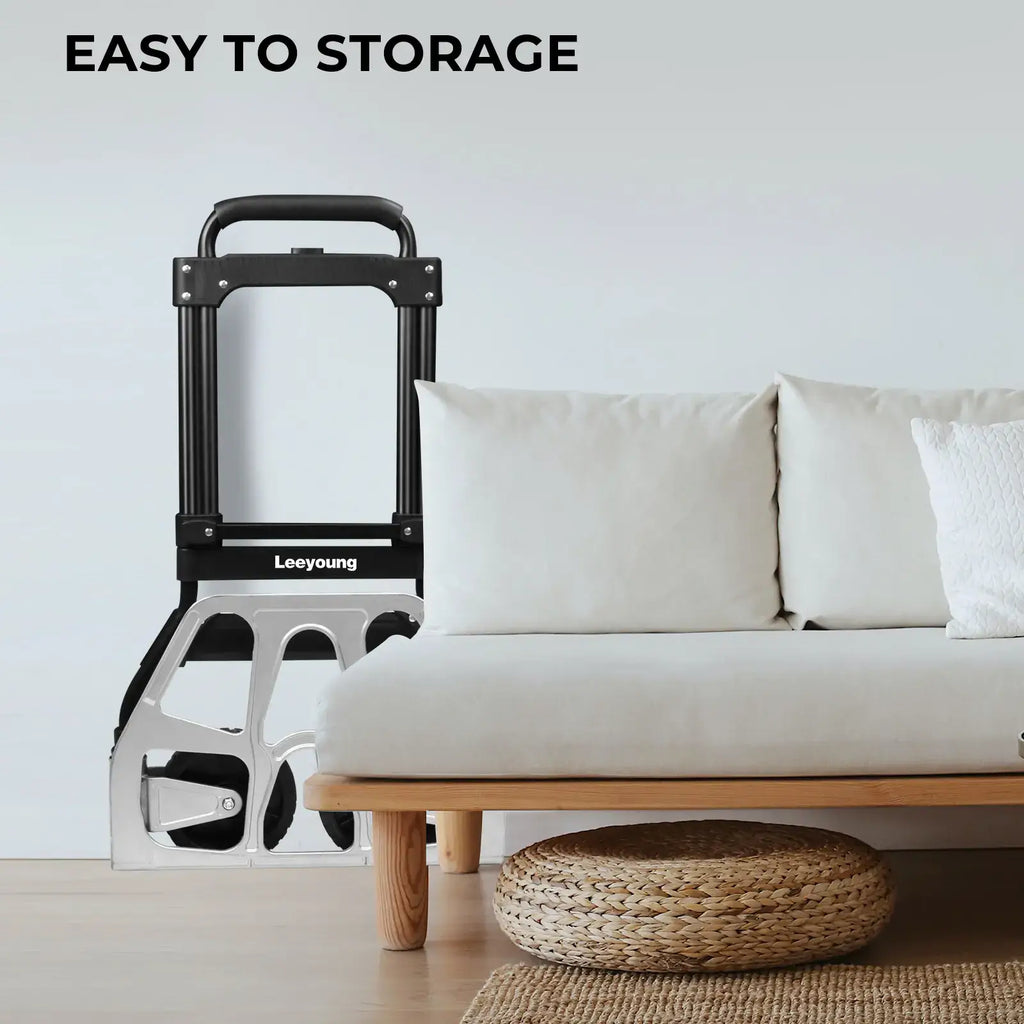 Folded hand cart stored in narrow closet space