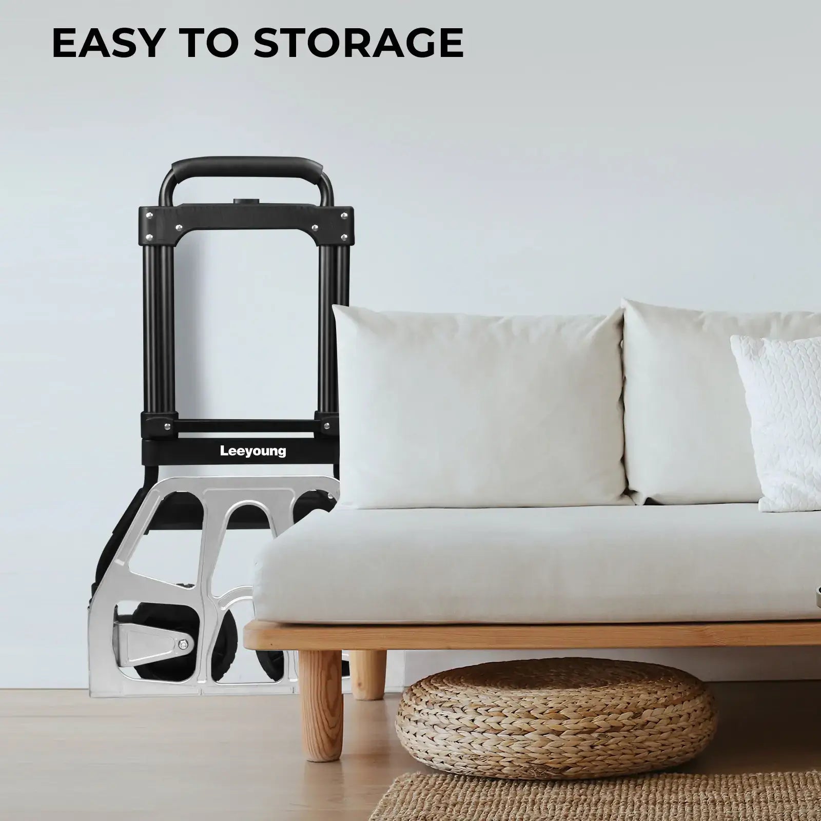 Folded hand cart stored in narrow closet space