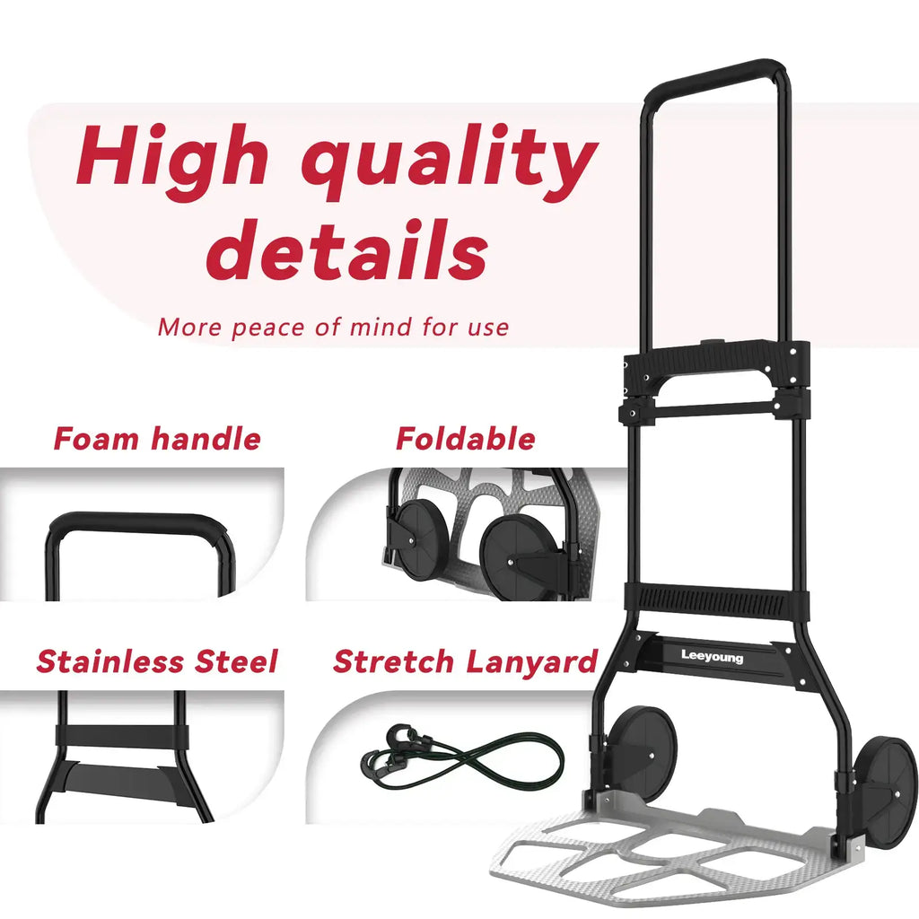 Close-up of stainless steel frame construction on 2 wheeled hand truck