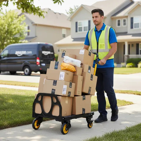 Teprovo 330lb convertible folding hand truck dolly with wheels used by a courier to move multiple delivery boxes

