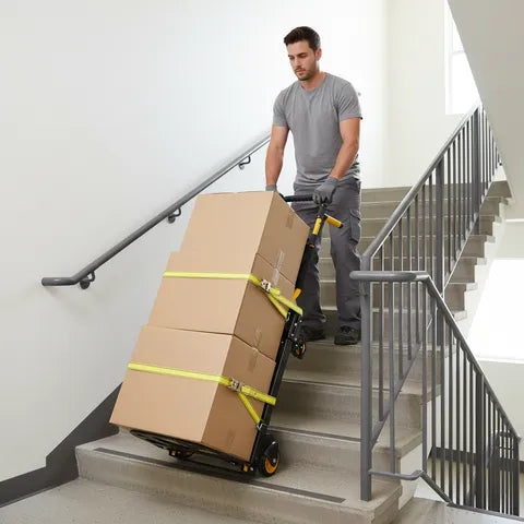 Teprovo folding hand truck dolly in two wheel mode carrying boxes up and down stairs
