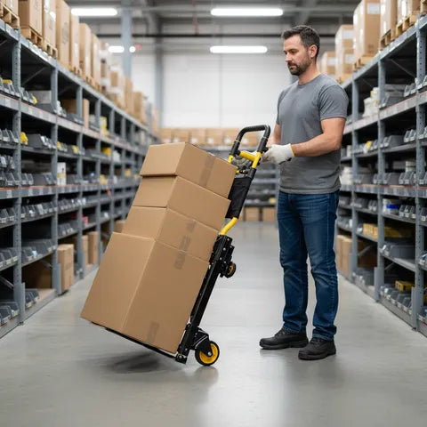 Teprovo 330lb folding hand truck dolly used in a warehouse for transporting stacked boxes

