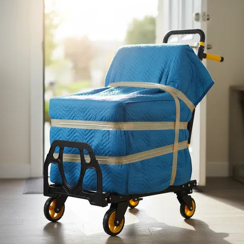 Teprovo folding hand truck dolly moving furniture wrapped in a blue protective cover
