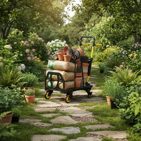 Teprovo folding hand truck dolly carrying garden fertilizer bags and stacked plant pots outdoors
